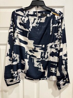 Donna Karan Navy and White Abstract Long-Sleeve with Gold Accent Blouse